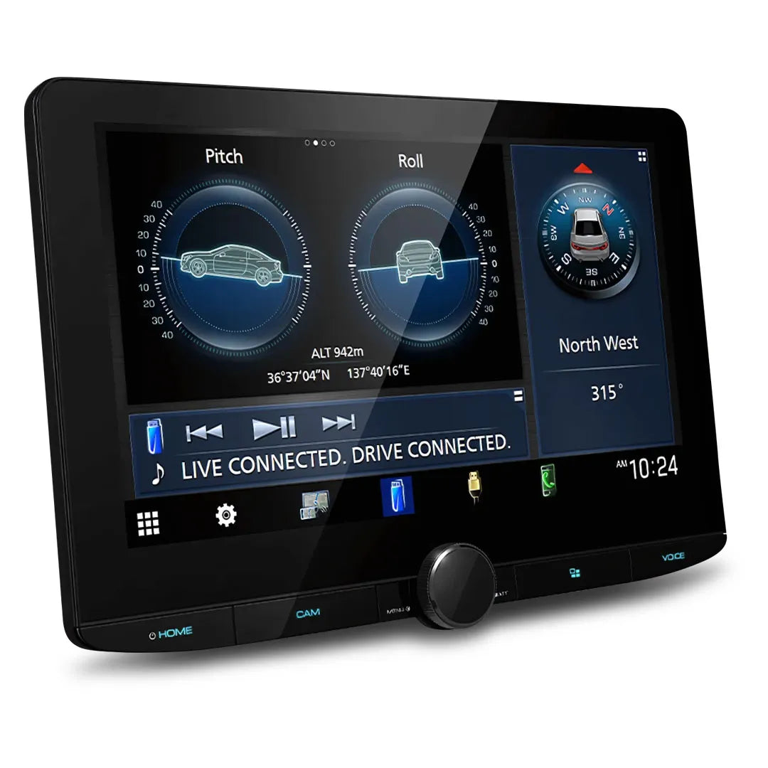 Kenwood DMX9724XS  10.1" Head Unit  Apple CarPlay & Android Auto Digital display with various gauges and information on a white background