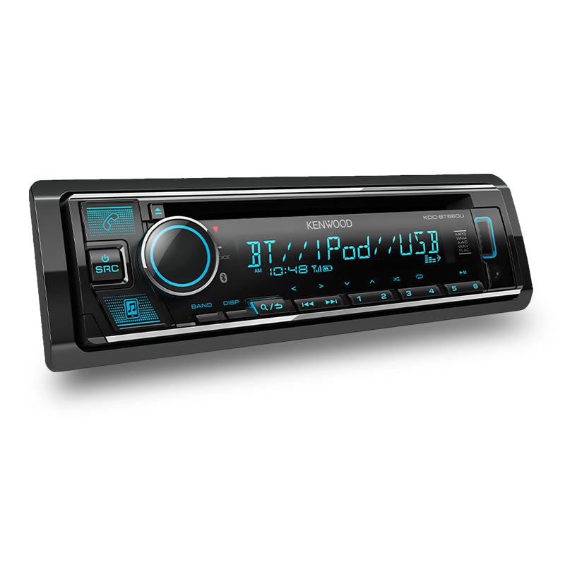Kenwood KDC-BT660U CD Receiver with Bluetooth, featuring a black body with blue highlighted buttons and display.