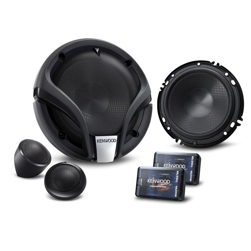 Set of Kenwood KFC-M614P 6.5 inch 300W 2-Way Component Speaker System, including a woofer, tweeter, and external crossovers.
