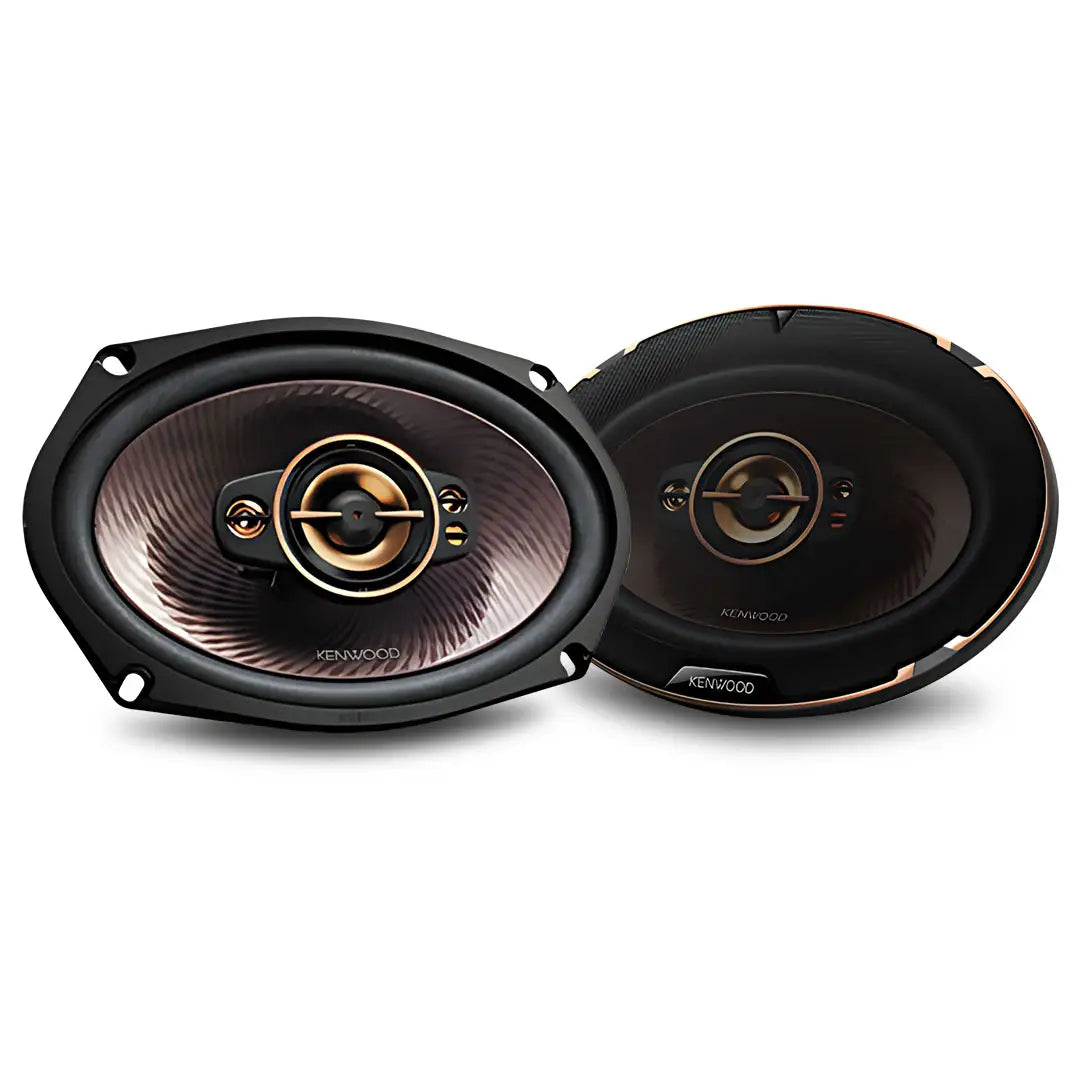 Pair of Kenwood 6x9 inch 5-way speakers with black yoke, plate, and diamond array pattern grille.