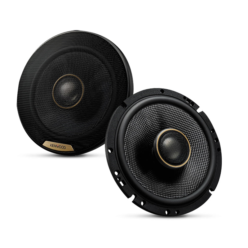 Kenwood KFC-XH170 6.5-inch Hi-Res coaxial speakers featuring a black and gold center design.