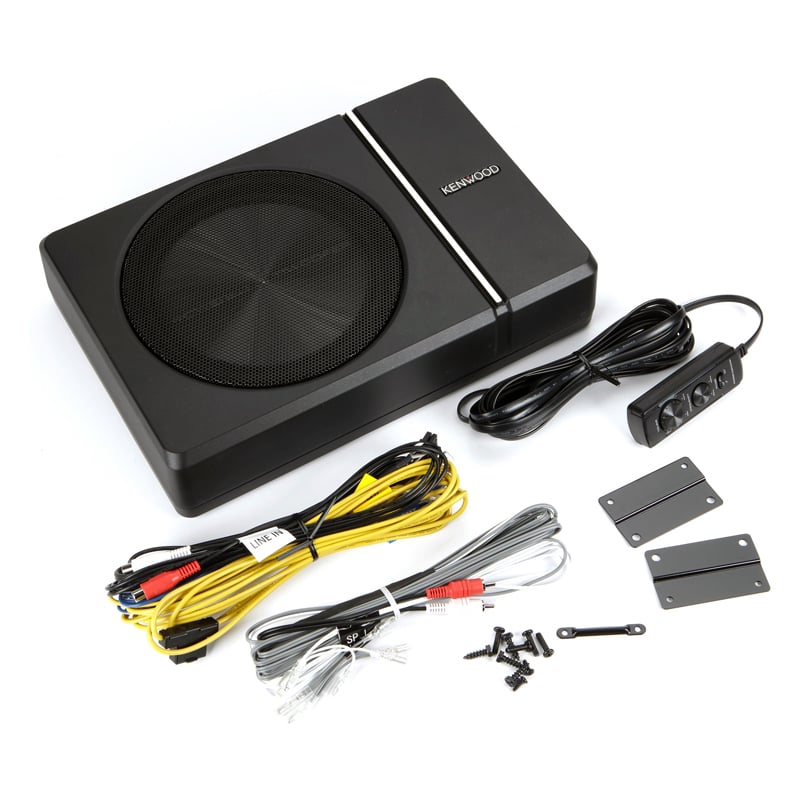 Kenwood KSC-PSW8 8-inch compact powered subwoofer in black with included wiring and wired remote.
