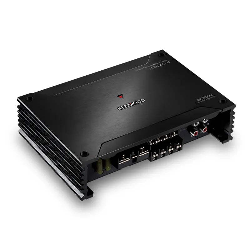 Kenwood X302-4 600W X Series Class-D 4-channel power amplifier in black with multiple connection terminals.