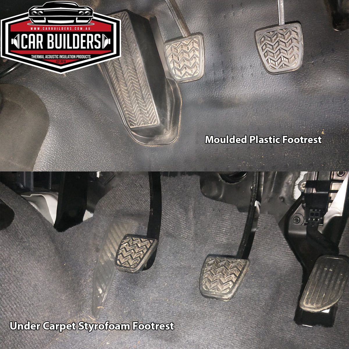 Side by side view of a moulded plastic footrest and an under carpet styrofoam footrest