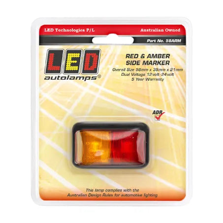 LED Autolamps Red & Amber Side Marker in blister packaging, with the product visible in a black housing with a red/amber light cover.