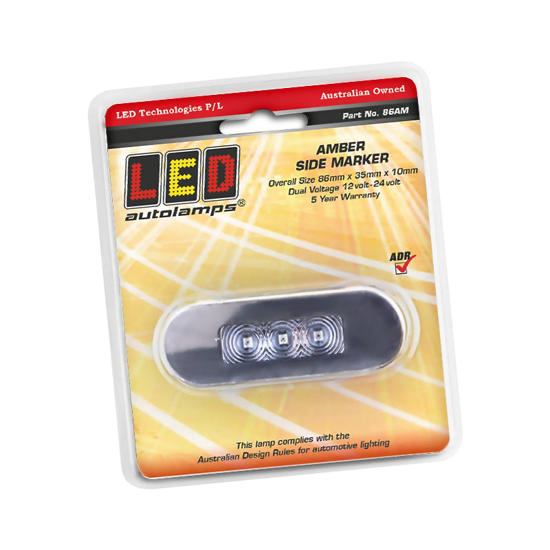LED Autolamps 86AM amber marker light with clear lens and stainless-steel bezel shown inside retail packaging with product label and specifications visible.
