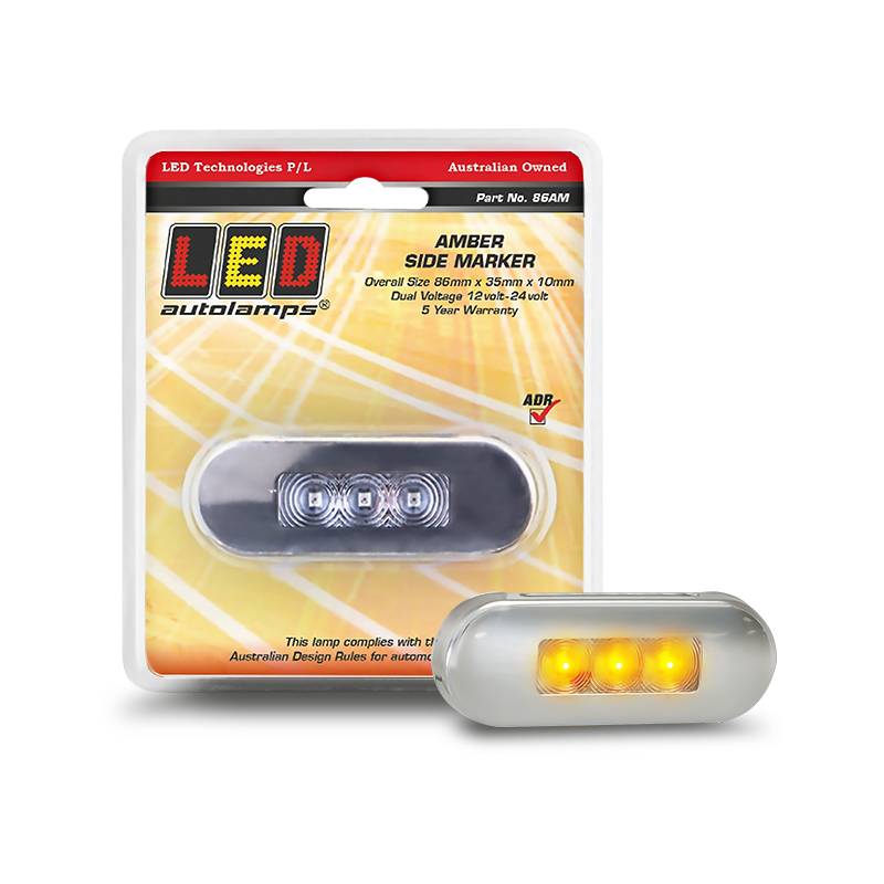 LED Autolamps 86AM amber marker light with clear lens and stainless-steel bezel, packaged on display card showing product image and key specifications.