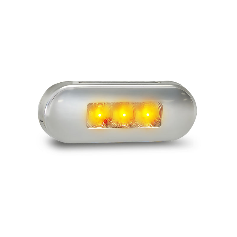 LED Autolamps 86AM amber marker light with clear lens and stainless-steel bezel displayed online, illuminated with bright amber glow.