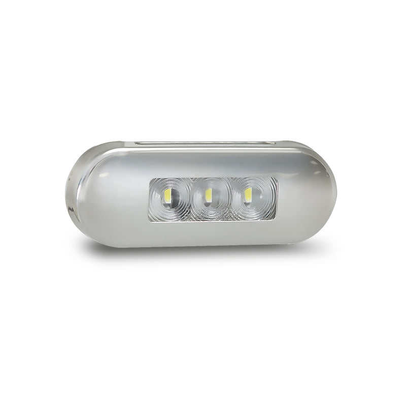 LED Autolamps 86AM amber marker light with clear lens and stainless-steel bezel displayed online, shown switched off with unlit LEDs.