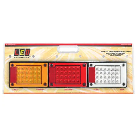 LED Autolamps J3BARWM multi-volt jumbo stop, tail, indicator, and reverse lamp assembly in packaging with red, yellow, and clear lenses.