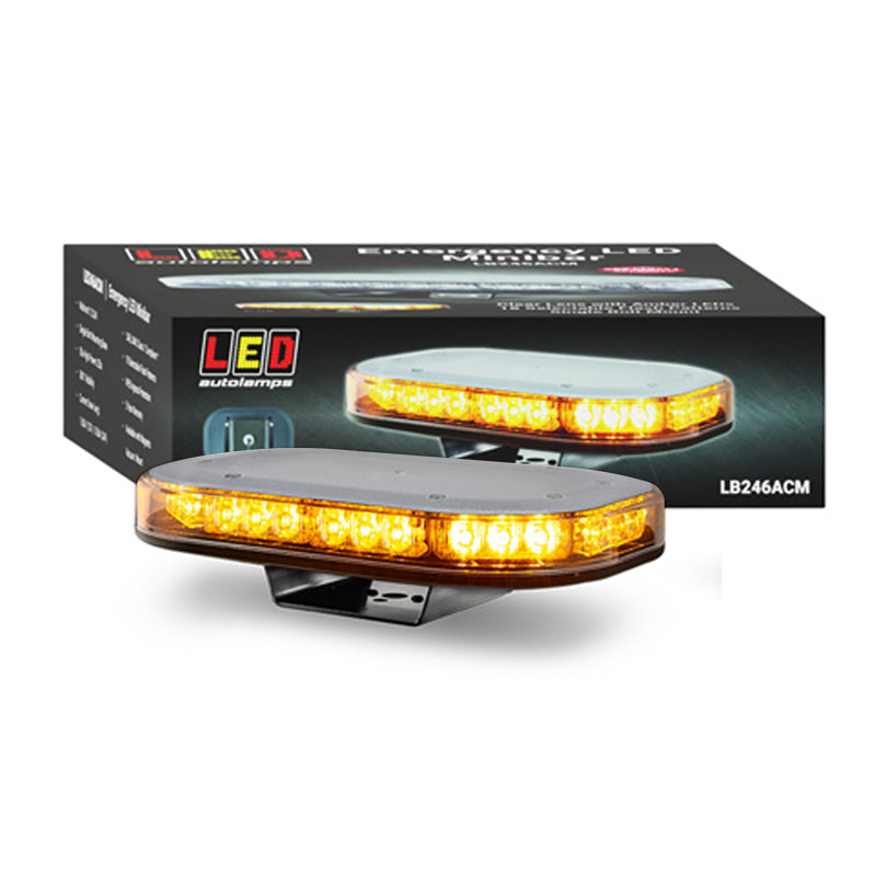 LED Autolamps LB246ACM 12/24V Amber Emergency Mini Light Bar with clear lens packaging.