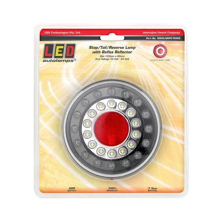 LED Autolamps MAXILAMPC1XCE LED stop/tail/indicator/reflector light in black, packaged in a blister pack with red and white branding.