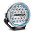 Narva Ultima MK3 215 LED driving light with clear lens, blue trim ring, and sturdy black mounting bracket for premium off-road lighting performance.