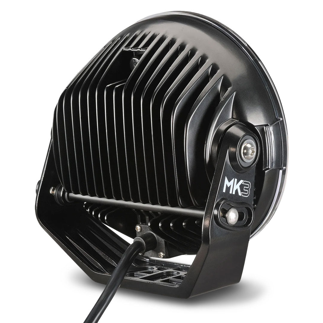 Rear view of Narva Ultima MK3 215 LED driving light with grey trim showing cooling fins, mounting bracket, and durable black housing design.