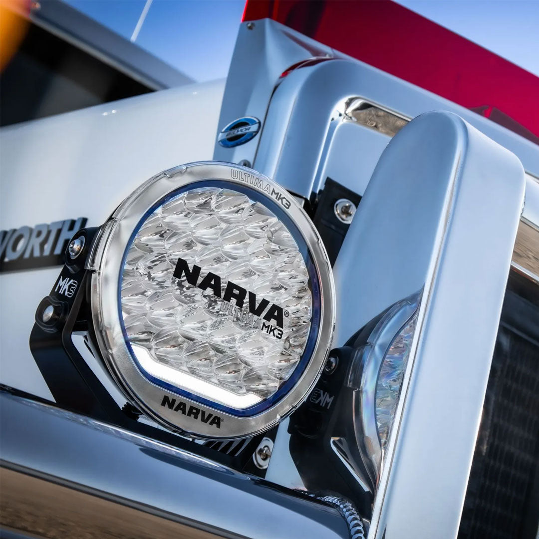 Narva Ultima MK3 215 LED driving lights  installed on vehicle bull bar, showing clear lenses and sturdy mounting brackets.