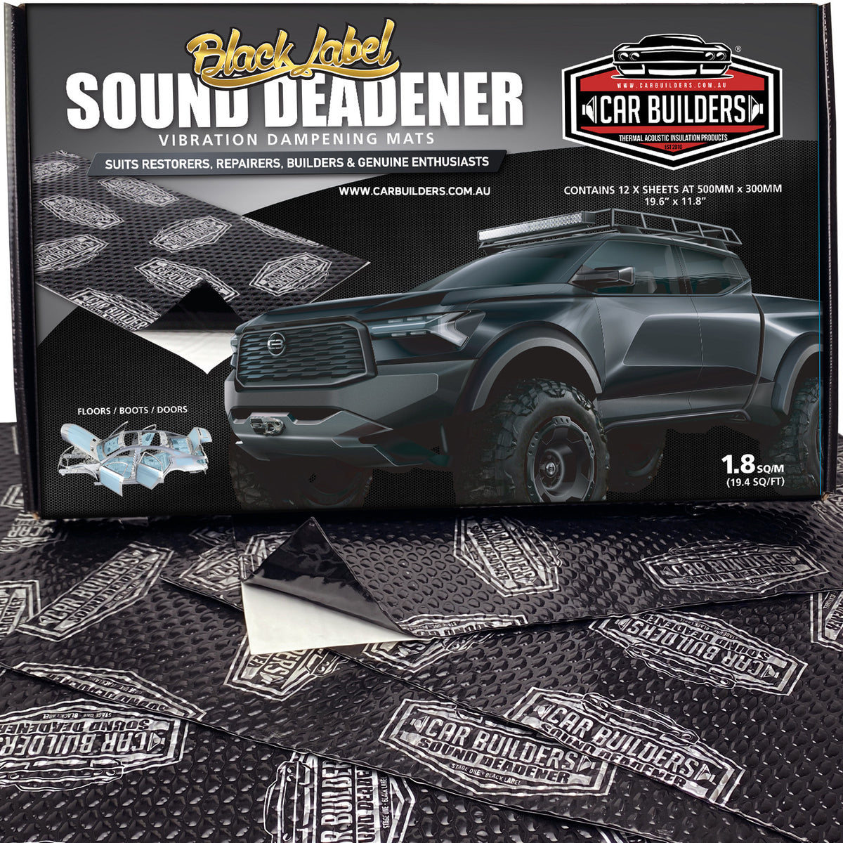 Box of Car Builders Stage 1 Sound Deadener with black printed sheets fanned out