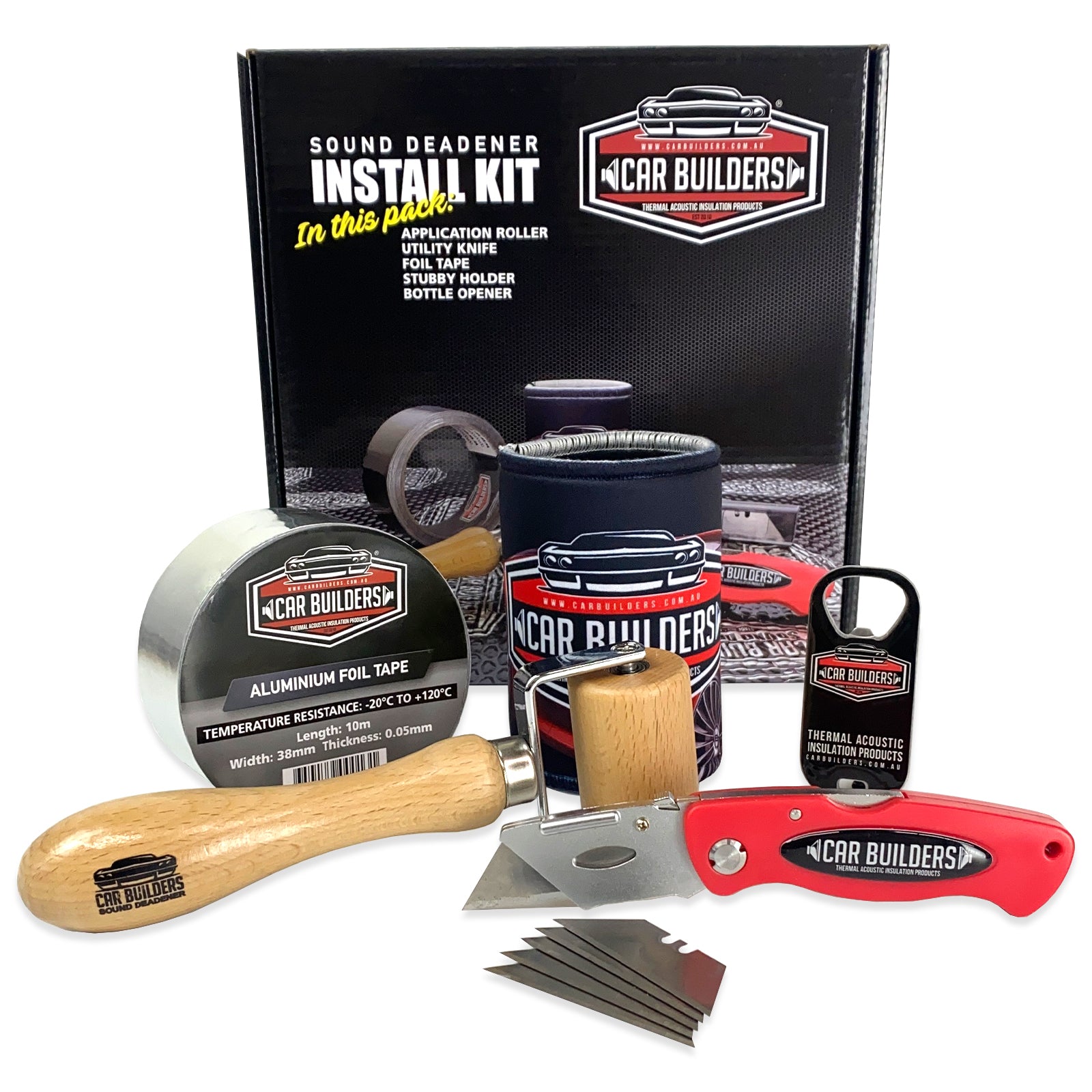 Car Builders install kit: application roller, knife, foil tape, stubby holder and bottle opener