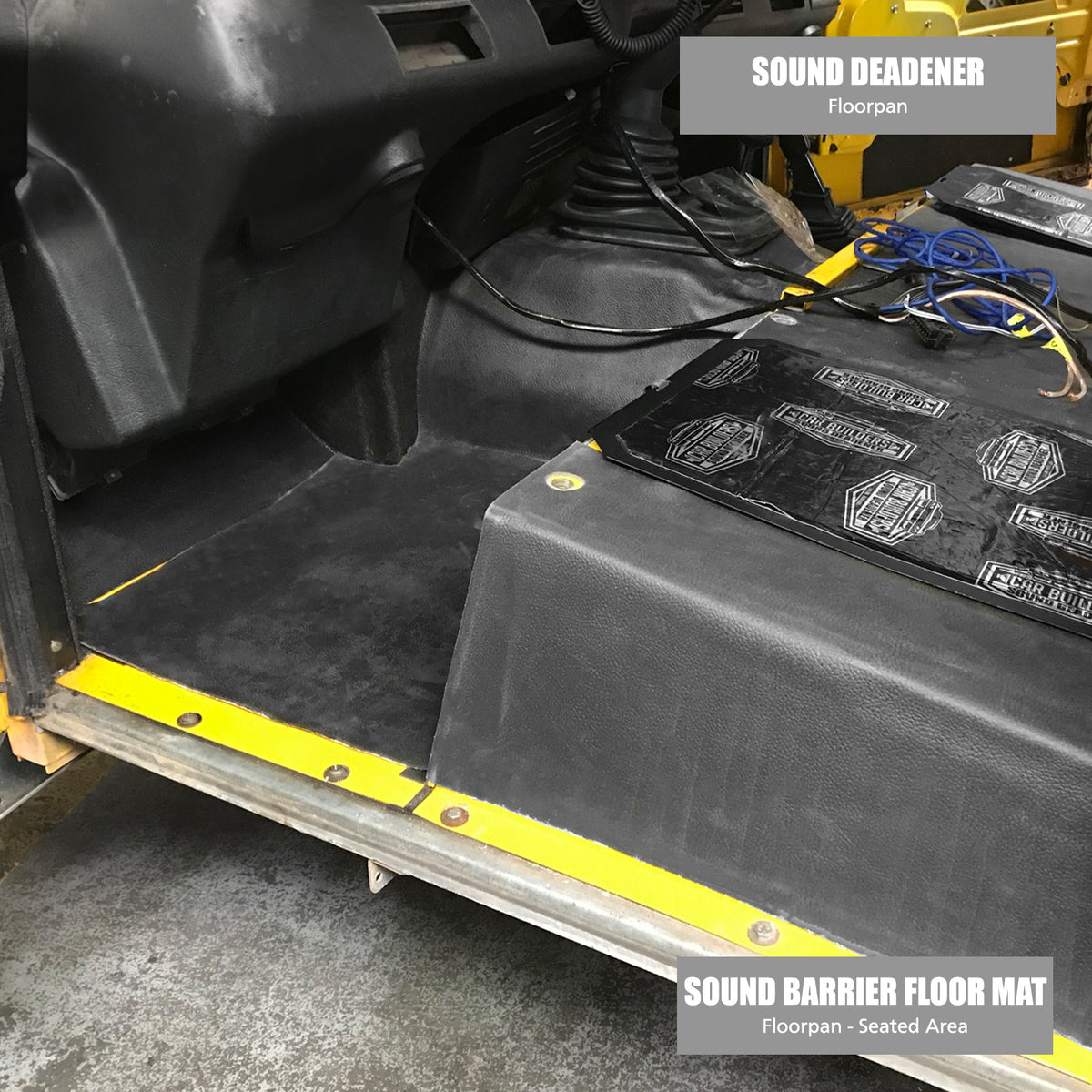Land Rover seat area with deadener on the floor and Sound Barrier Floor Mat partly laid
