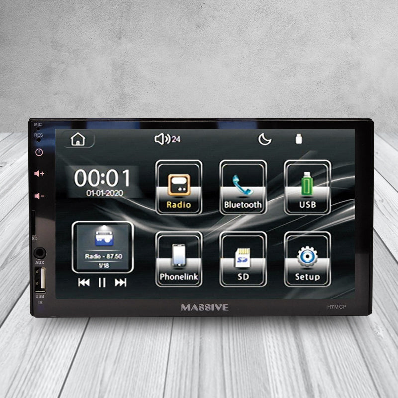 Massive Audio H7MCP video head unit – 6.75‑inch touchscreen with radio, Bluetooth, USB, and function icons