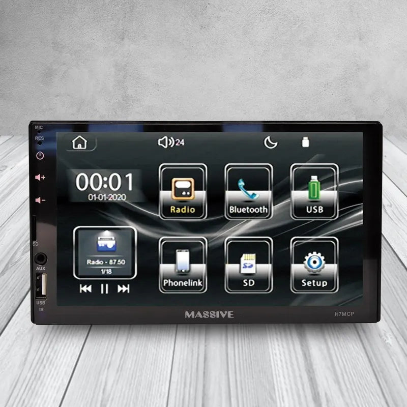 Massive Audio H7MCP video head unit – 6.75‑inch touchscreen with radio, Bluetooth, USB, and function icons