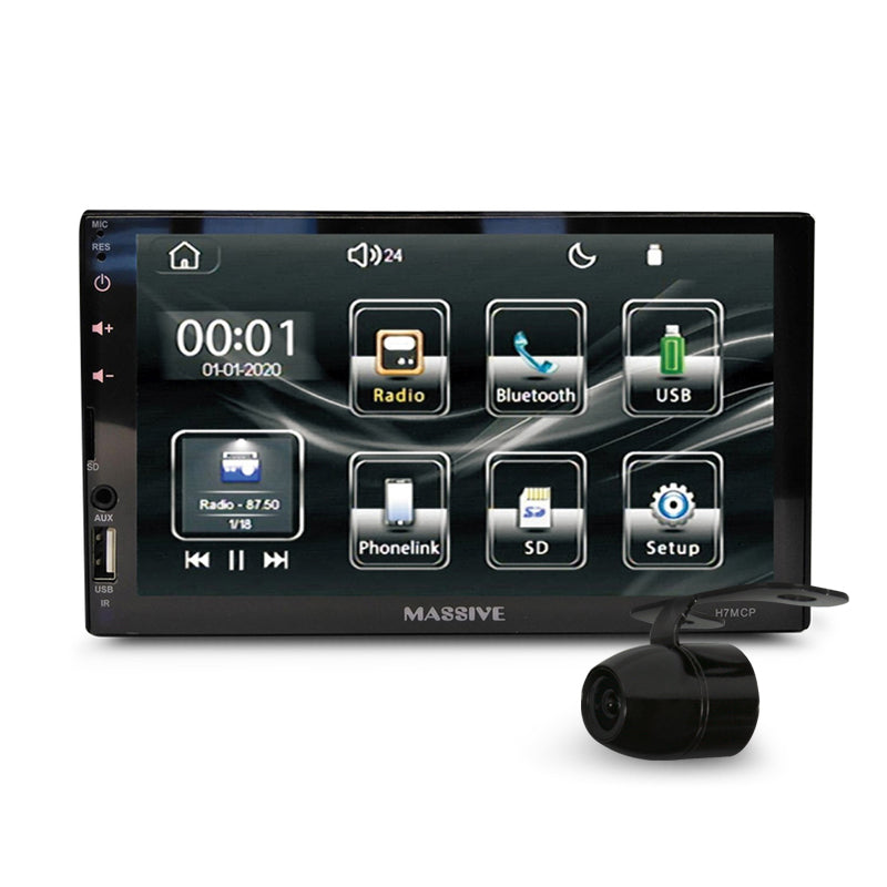 Massive Audio H7MCP video head unit – 6.75‑inch touchscreen showing radio, Bluetooth, USB, and other functions with camera