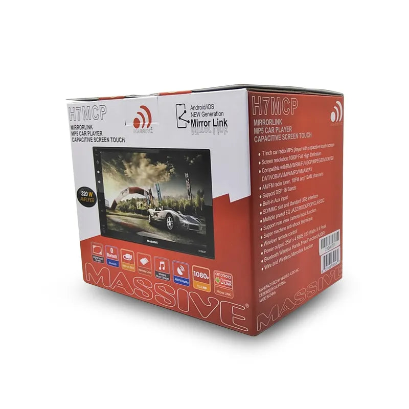 Massive Audio H7MCP 6.75‑inch video head unit – touchscreen with radio, Bluetooth, USB icons inside the package