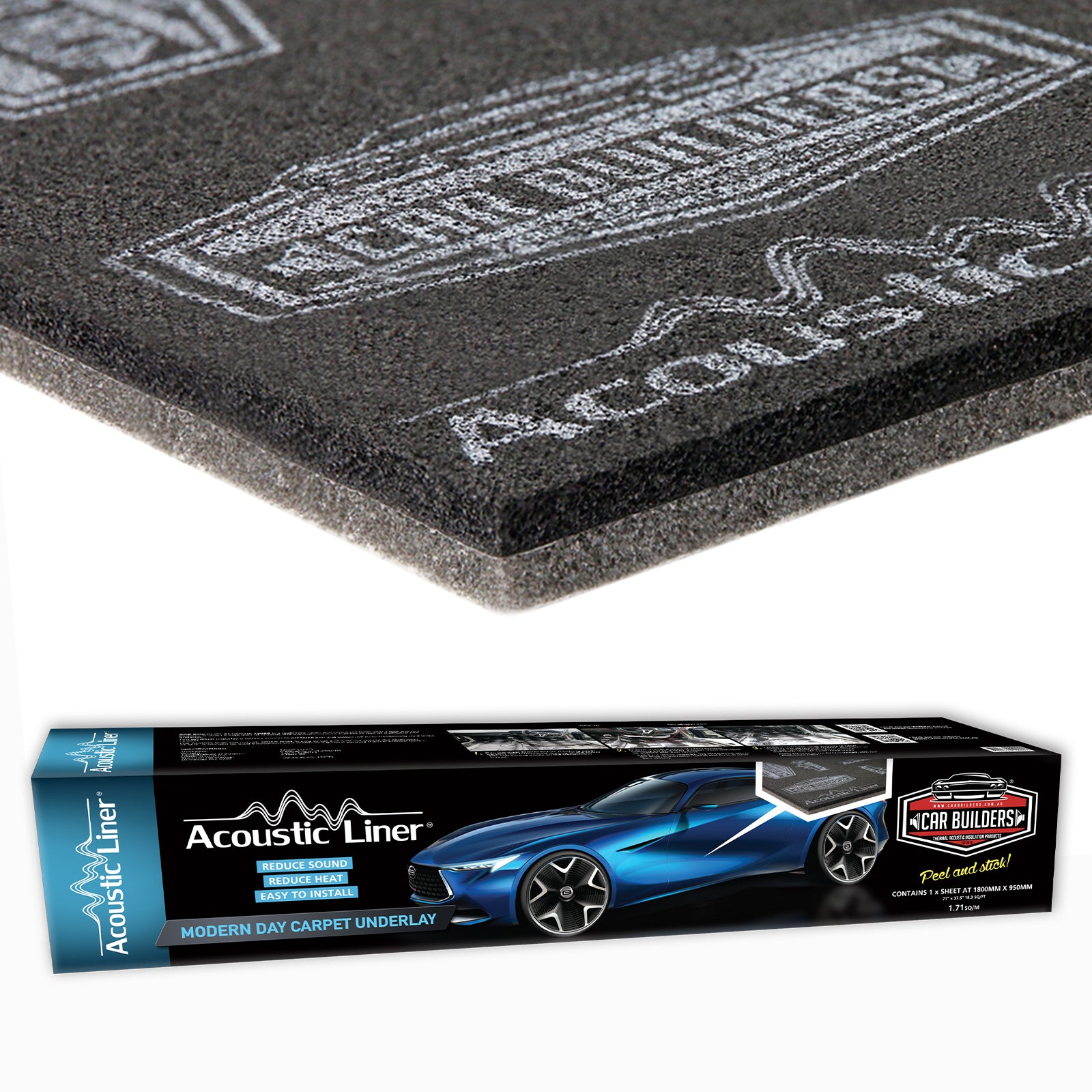 Sheet of Car Builders Acoustic Liner standing beside its carton