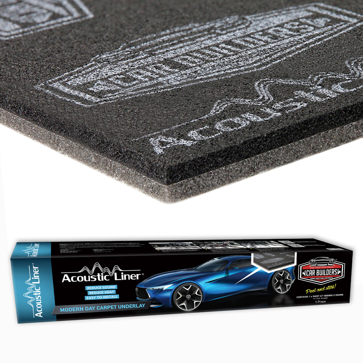 Sheet of Car Builders Acoustic Liner standing beside its carton