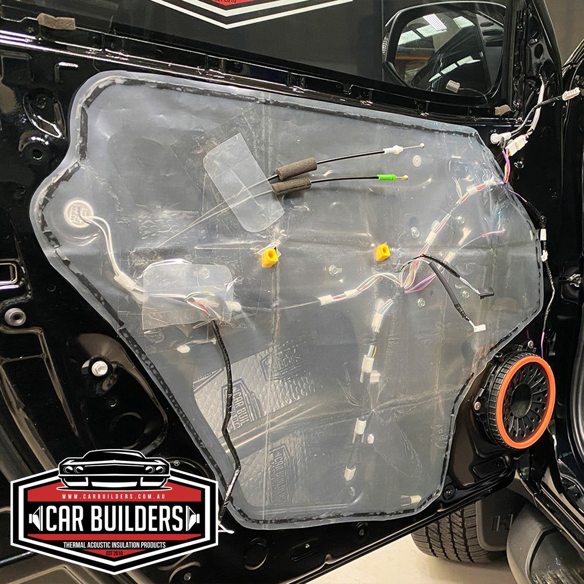 Car door inner panel sealed with a clear Door Restore membrane