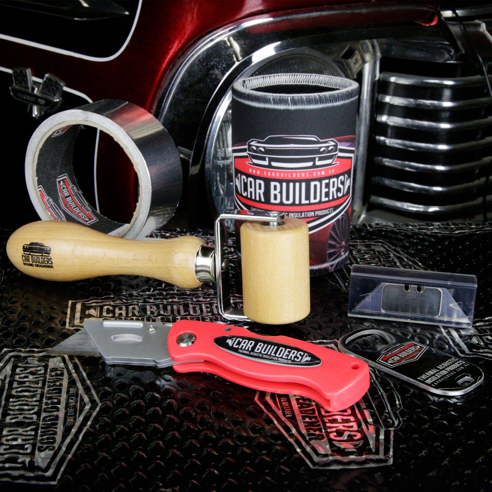 Car Builders install kit with timber roller, knife, foil tape and stubby holder