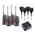 Midland PRO5X-4 Commercial 4 Pack featuring four 5W handheld radios with waterproof speaker mics and 4-bay charging system