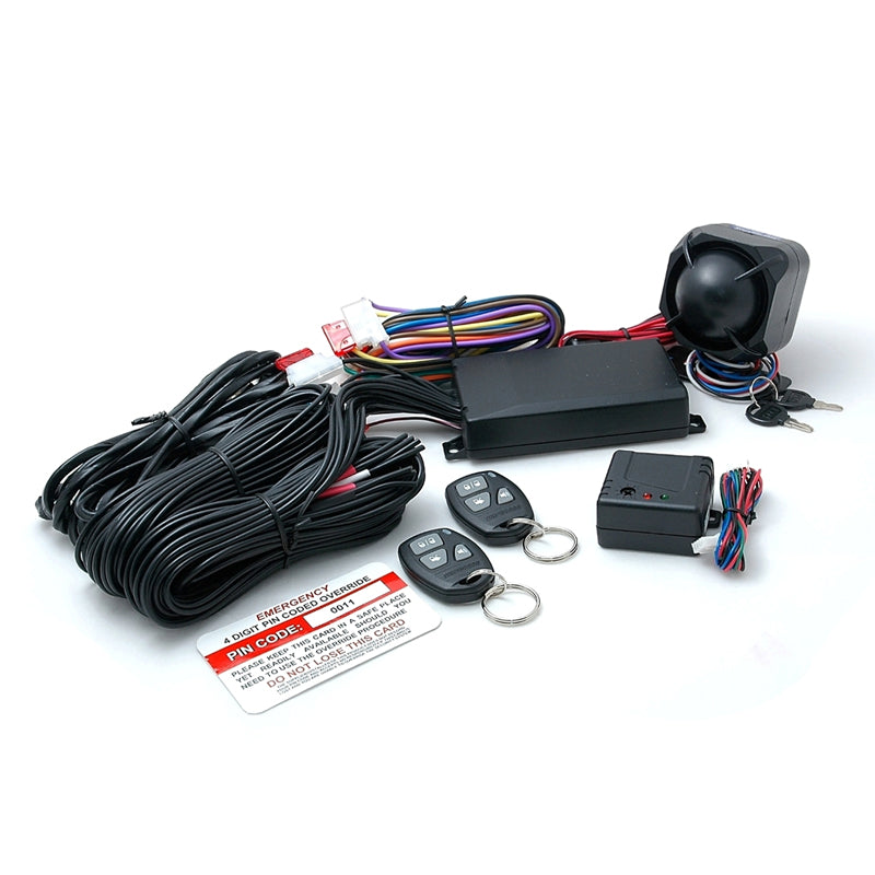 Mongoose 2-in-1 vehicle security system with black wiring, two remote controls, and components displayed on a white background.