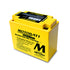 Yellow Motobatt MBTX20U motorcycle battery featuring black printed text and four-terminal design for versatile power connection.