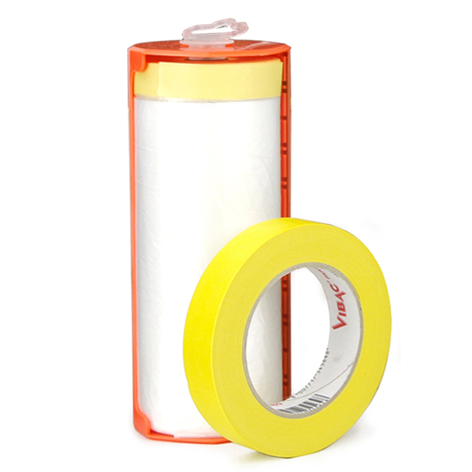 Masking film dispenser beside a roll of yellow masking tape