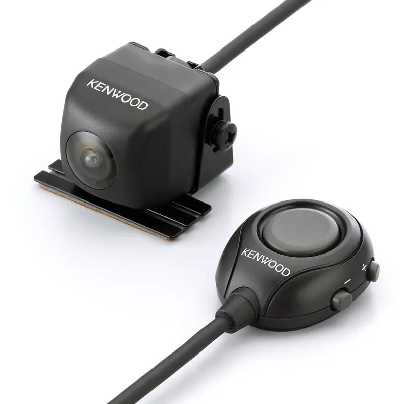 Kenwood CMOS-320 universal multi-view camera in black with compact dashboard unit and flexible mounting base for versatile installation.