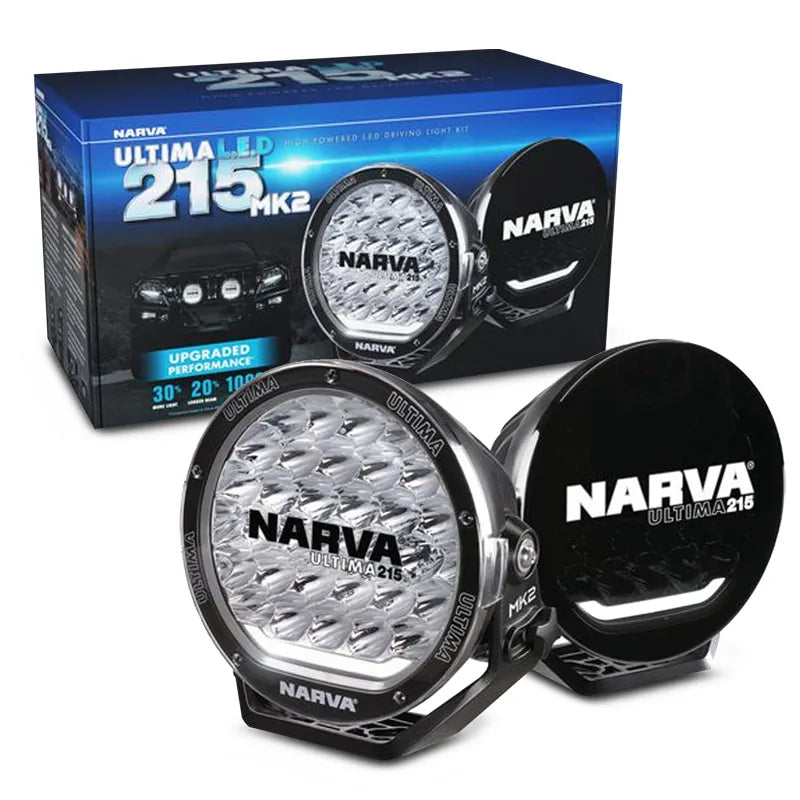 Narva 71742BK ULTIMA 215 MK2 High Power LED Driving Light Kit with black housing and clear lens, including product packaging.