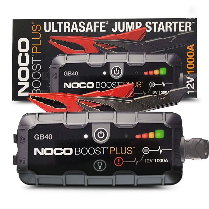 portable NOCO GB40 12V Boost Plus UltraSafe Lithium jump starter with a black, red, and gray color scheme. It has a digital display, power indicators, and a USB port.