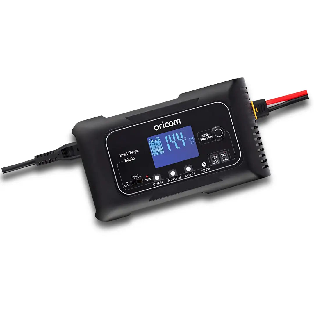 Oricom BC200 20amp charger featuring an LCD screen, function buttons, and battery charging connectors.