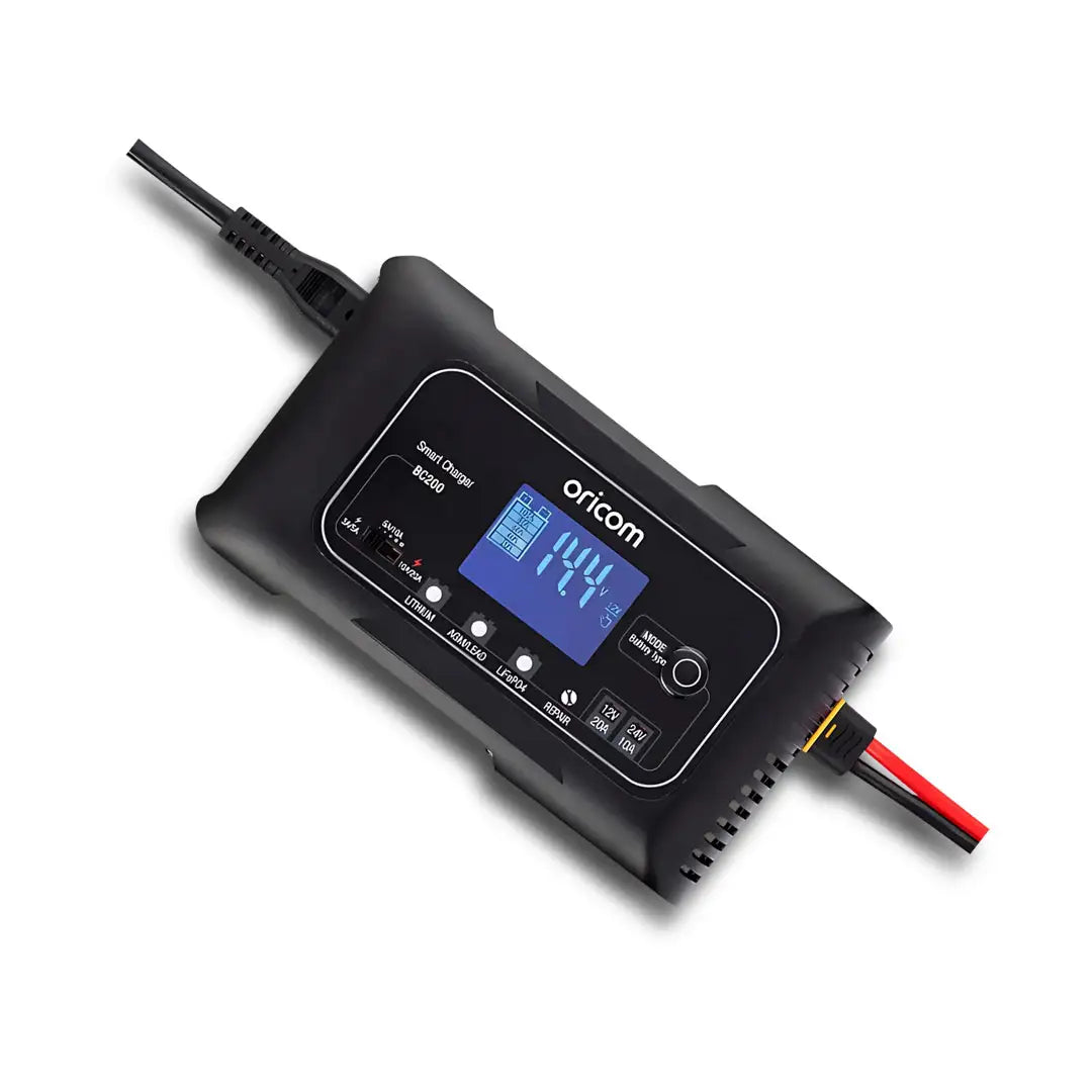Oricom BC200 20A battery maintainer with digital readout, mode buttons, and multiple charging ports.