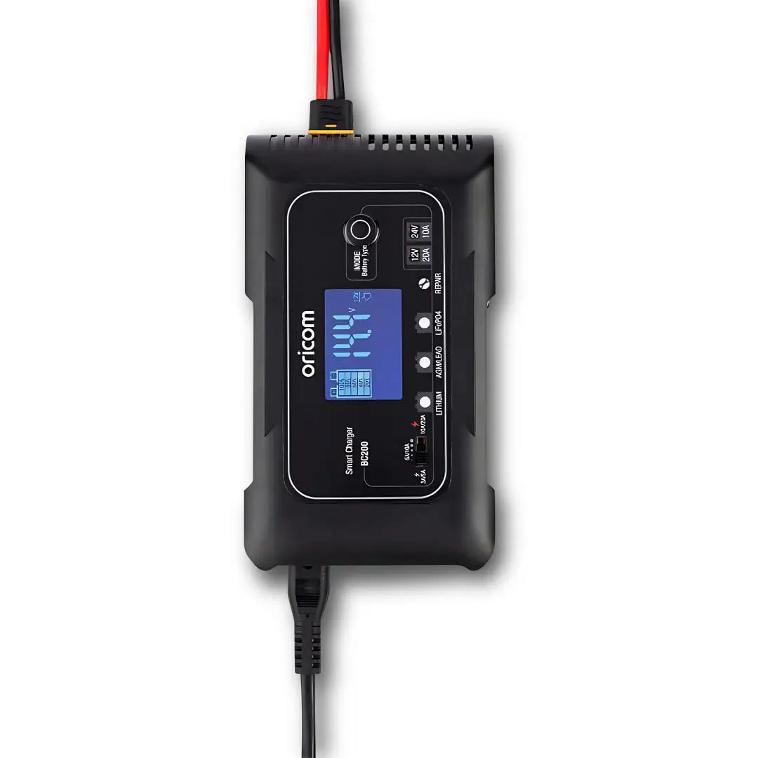 20A Oricom BC200 battery charger with LCD display, adjustable controls, and battery connection ports.