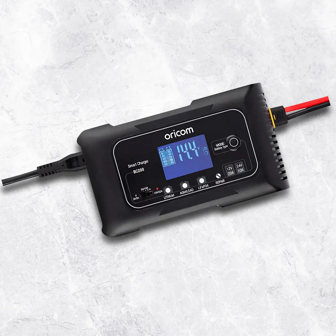 Oricom BC200 battery charger and maintainer showing digital display, mode buttons, and charge terminals.