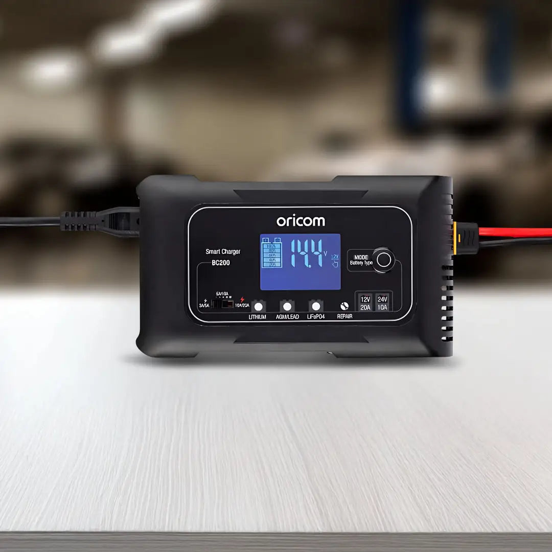 Oricom BC200 20A smart battery charger with LCD display and front-facing buttons and ports for easy charging.