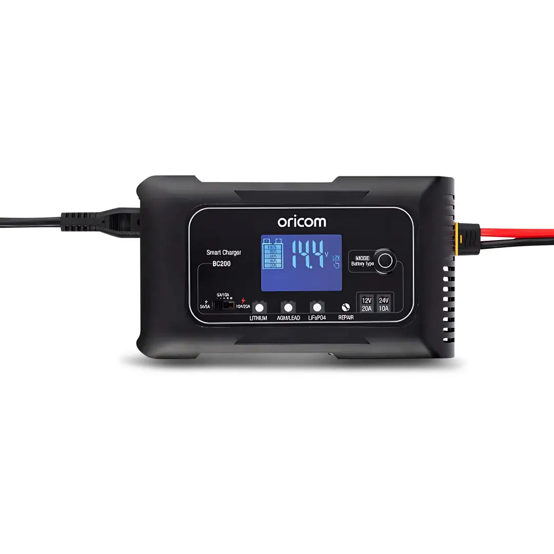 Oricom BC200 20A battery charger and maintainer with digital display, control buttons, and charging ports.
