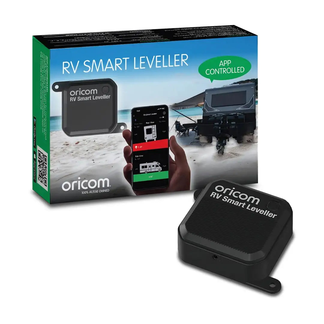 The image shows the packaging and product of the Oricom RV Smart Leveller. The product is black, with a box displaying the product name and a visual of a smartphone app controlling the device.