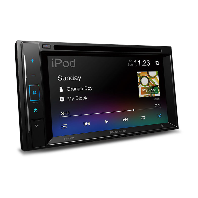 Pioneer AVH-A245BT multimedia receiver showing 6.2-inch touchscreen with Bluetooth audio, USB, radio, and phone connectivity