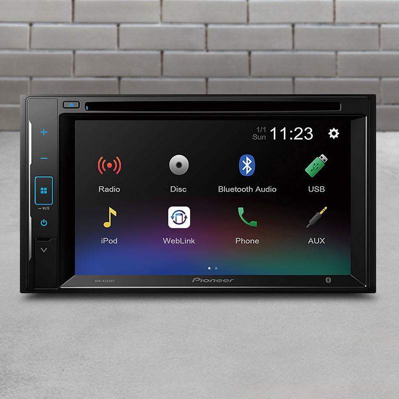 Pioneer AVH-A245BT car multimedia head unit with 6.2-inch touchscreen and Bluetooth, USB, and radio icons on display
