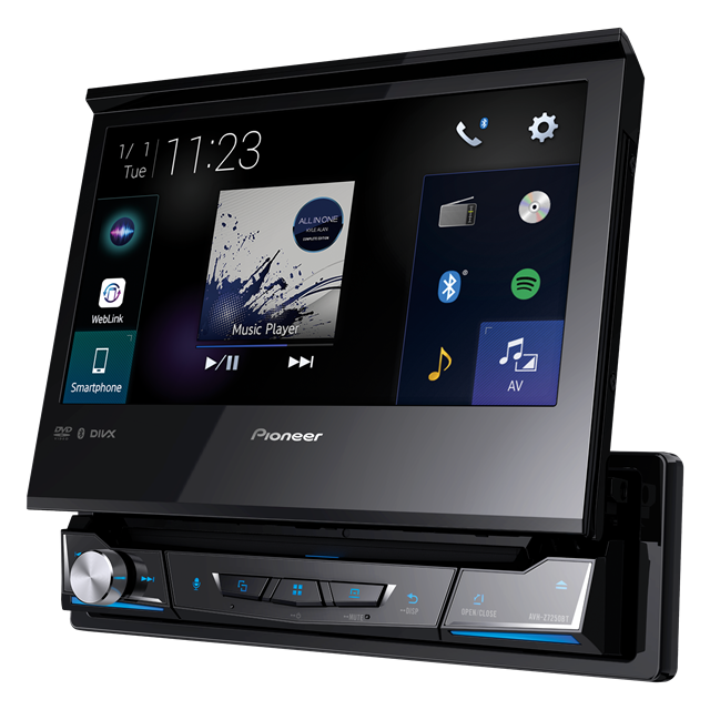 AVH-Z7250BT 7-inch touchscreen multimedia player with Apple CarPlay and Android Auto interface, showing icons and steering wheel control.