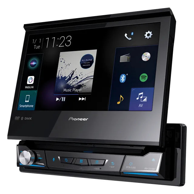 AVH-Z7250BT 7-inch touchscreen multimedia player with Apple CarPlay and Android Auto interface, showing icons and steering wheel control.