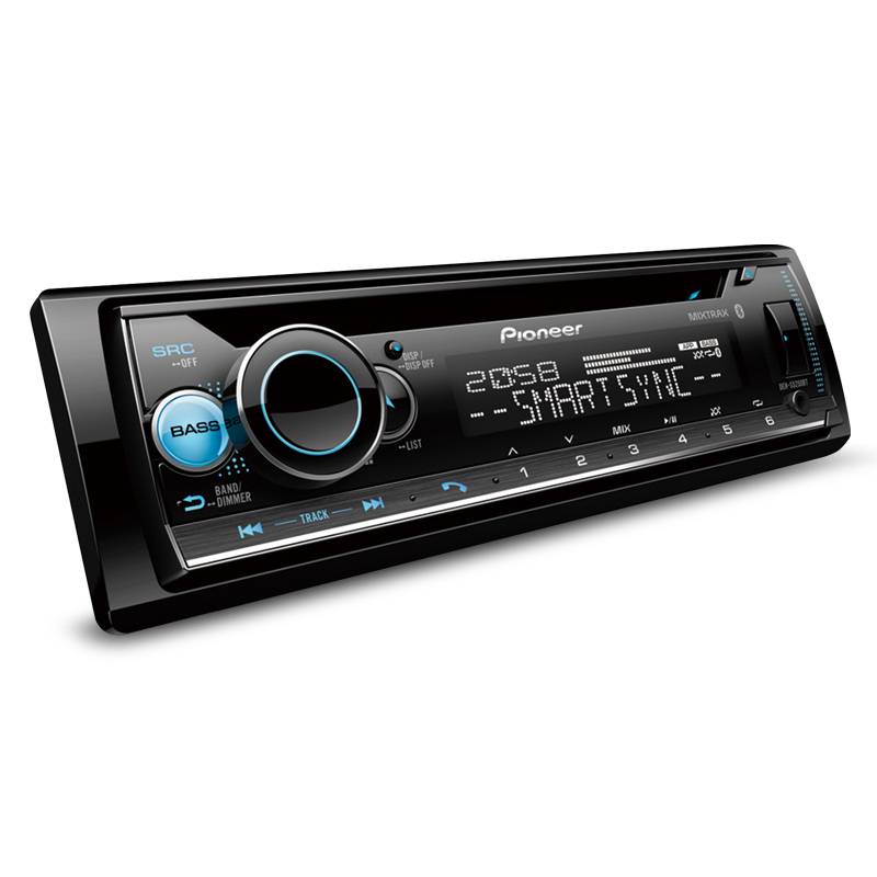 Pioneer DEH-S5250BT CD Receiver featuring a black faceplate with a digital display, media control buttons, and a steering wheel control interface.