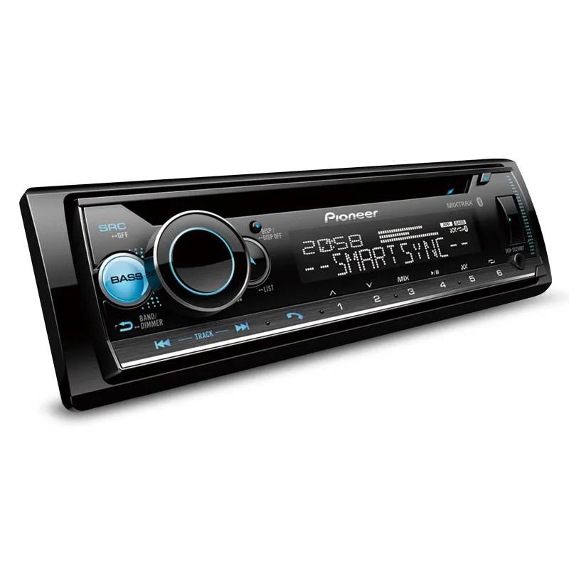 Pioneer DEH-S5250BT CD Receiver featuring a black faceplate with a digital display, media control buttons, and a steering wheel control interface.
